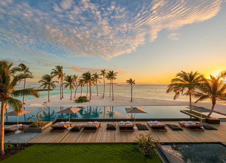 Alila Kothaifaru Maldives Infinity Pool Sunset Aerial Shoot