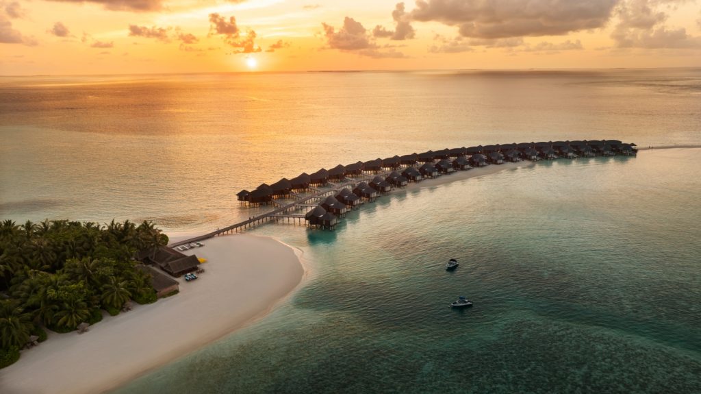 Batch Anantara Dhigu Maldives Resort Aeriel Over Water Villas Sunset View
