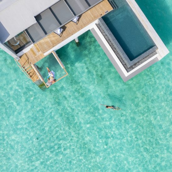 Batch Alila Kothaifaru Maldives Ocean Overwater Pool Villa Aerial Shot with Talents