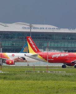 Vietjet aircraft prepare to take off at Tan Son Nhat airport in Ho Chi Minh