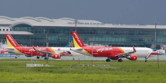 Vietjet aircraft prepare to take off at Tan Son Nhat airport in Ho Chi Minh